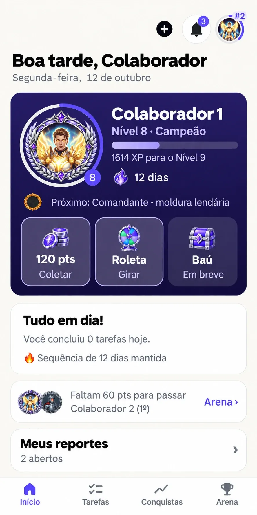 Tela inicial do app do colaborador, com nível, pontos, roleta e baú